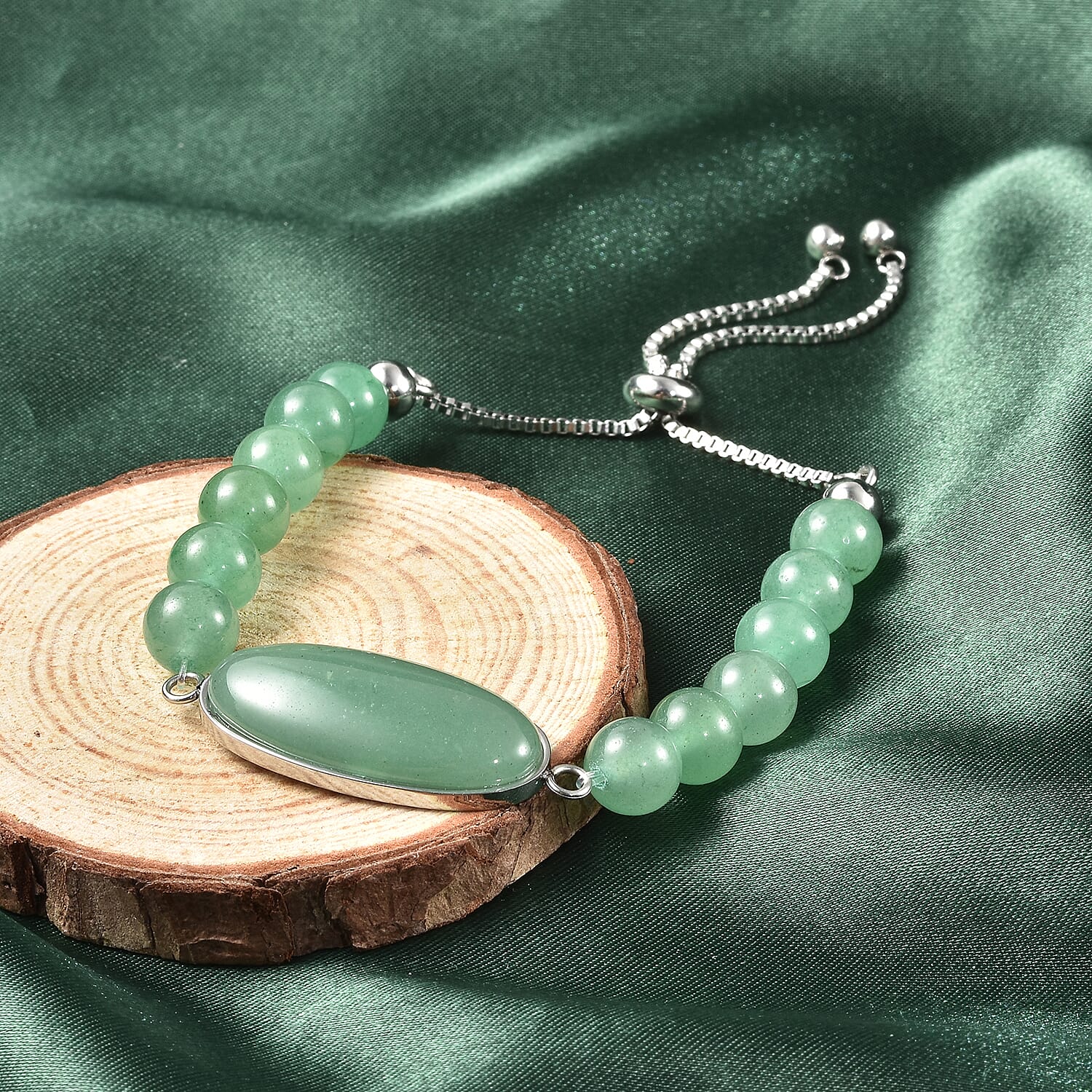 Green Aventurine Bolo Bracelet in Stainless Steel 62.90 ctw