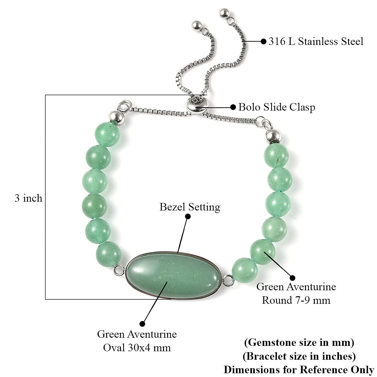 Green Aventurine Bolo Bracelet in Stainless Steel 62.90 ctw
