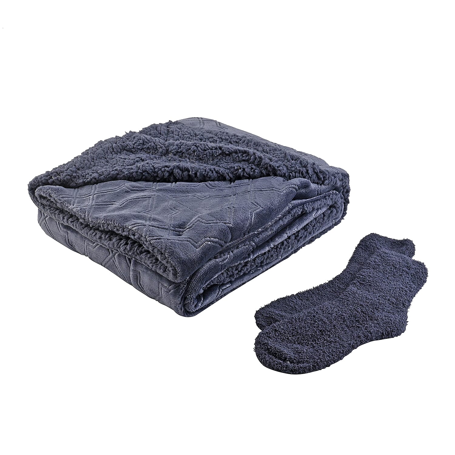 ARDOUR 2pc Gift Set Navy Blue Sherpa Throw with Bonus Socks Set  (One Size Fits Most)