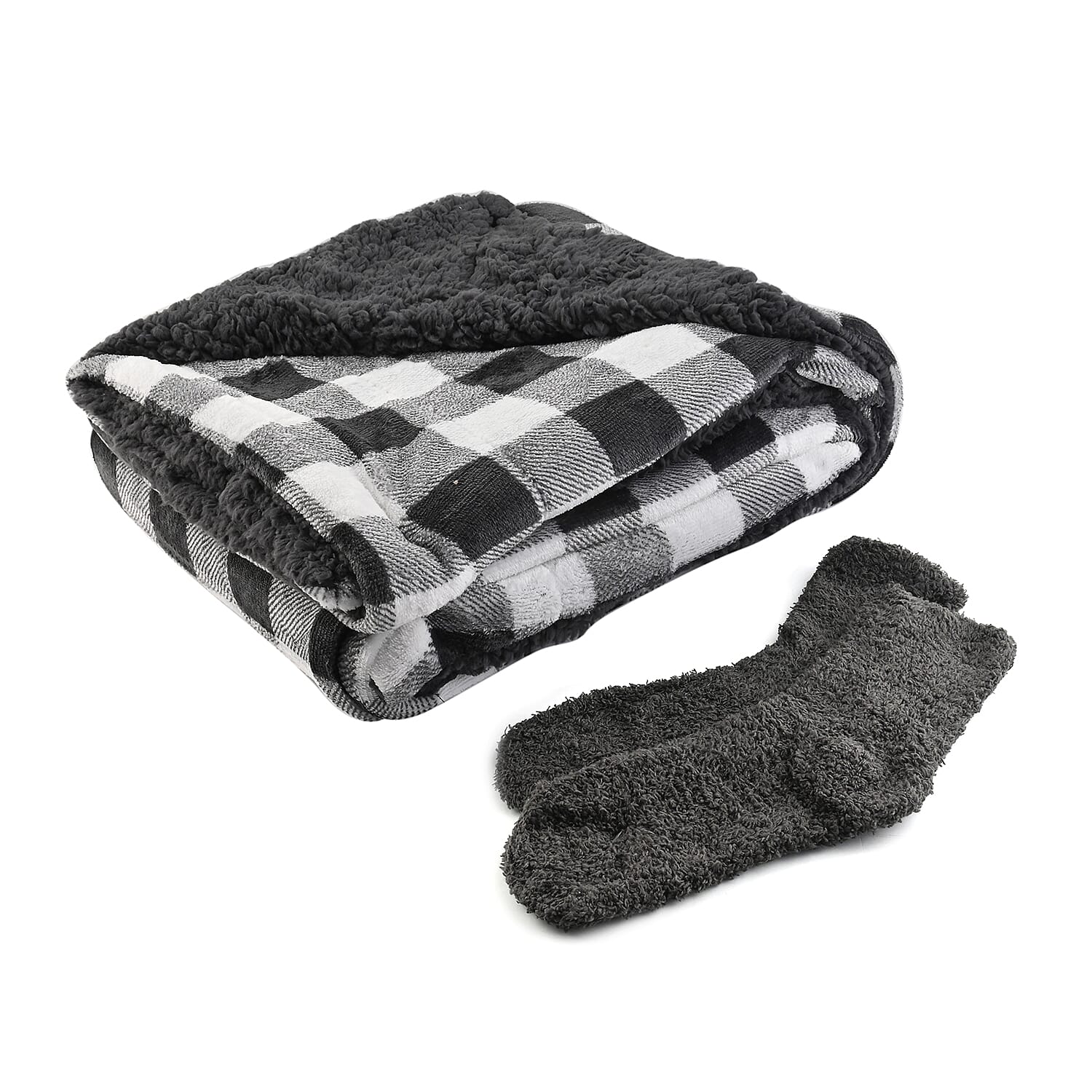 ARDOUR 2pc Gift Set Gray Checker Sherpa Throw with Bonus Socks Set (One Size Fits Most)