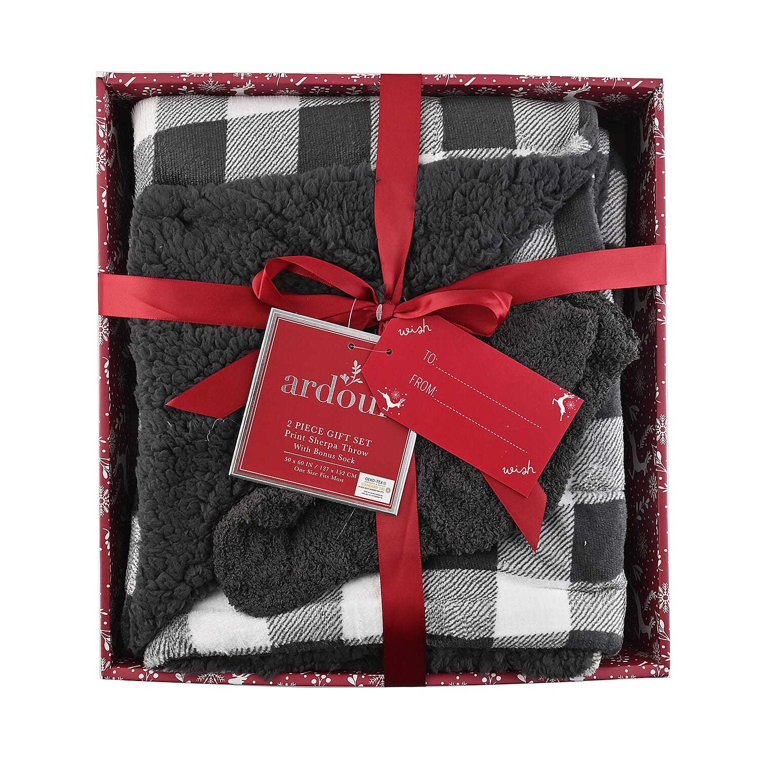ARDOUR 2pc Gift Set Gray Checker Sherpa Throw with Bonus Socks Set (One Size Fits Most)
