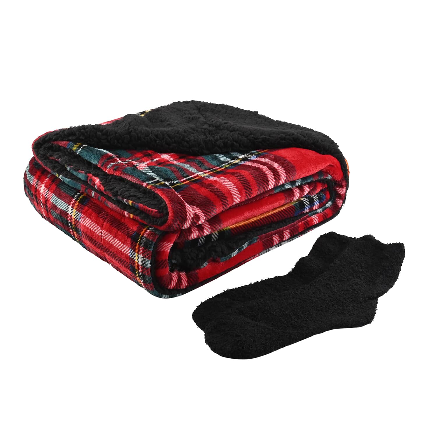 ARDOUR 2pc Gift Set Red Plaid Sherpa Throw with Bonus Socks Set One Size Fits Most