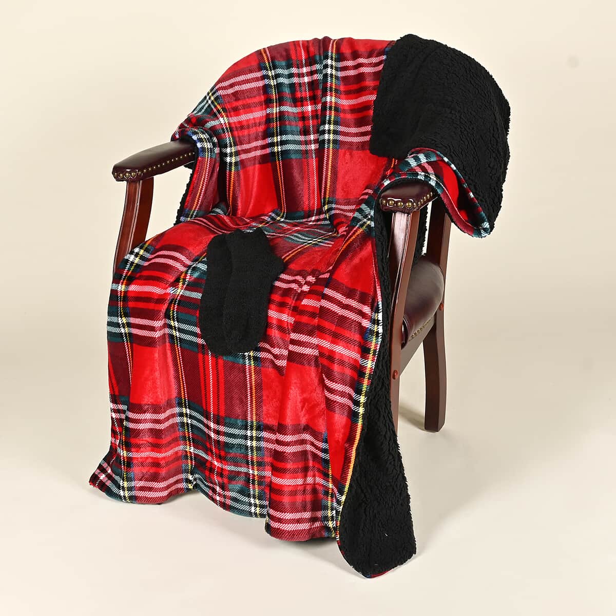 ARDOUR 2pc Gift Set Red Plaid Sherpa Throw with Bonus Socks Set  (One Size Fits Most) image number 1