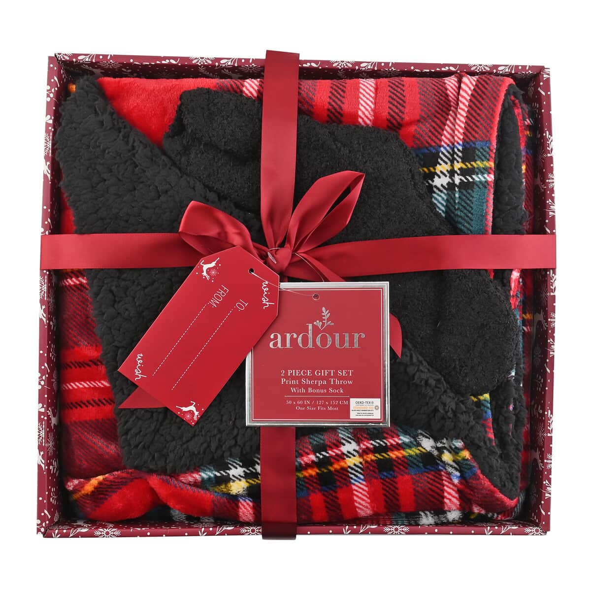 ARDOUR 2pc Gift Set Red Plaid Sherpa Throw with Bonus Socks Set  (One Size Fits Most) image number 2