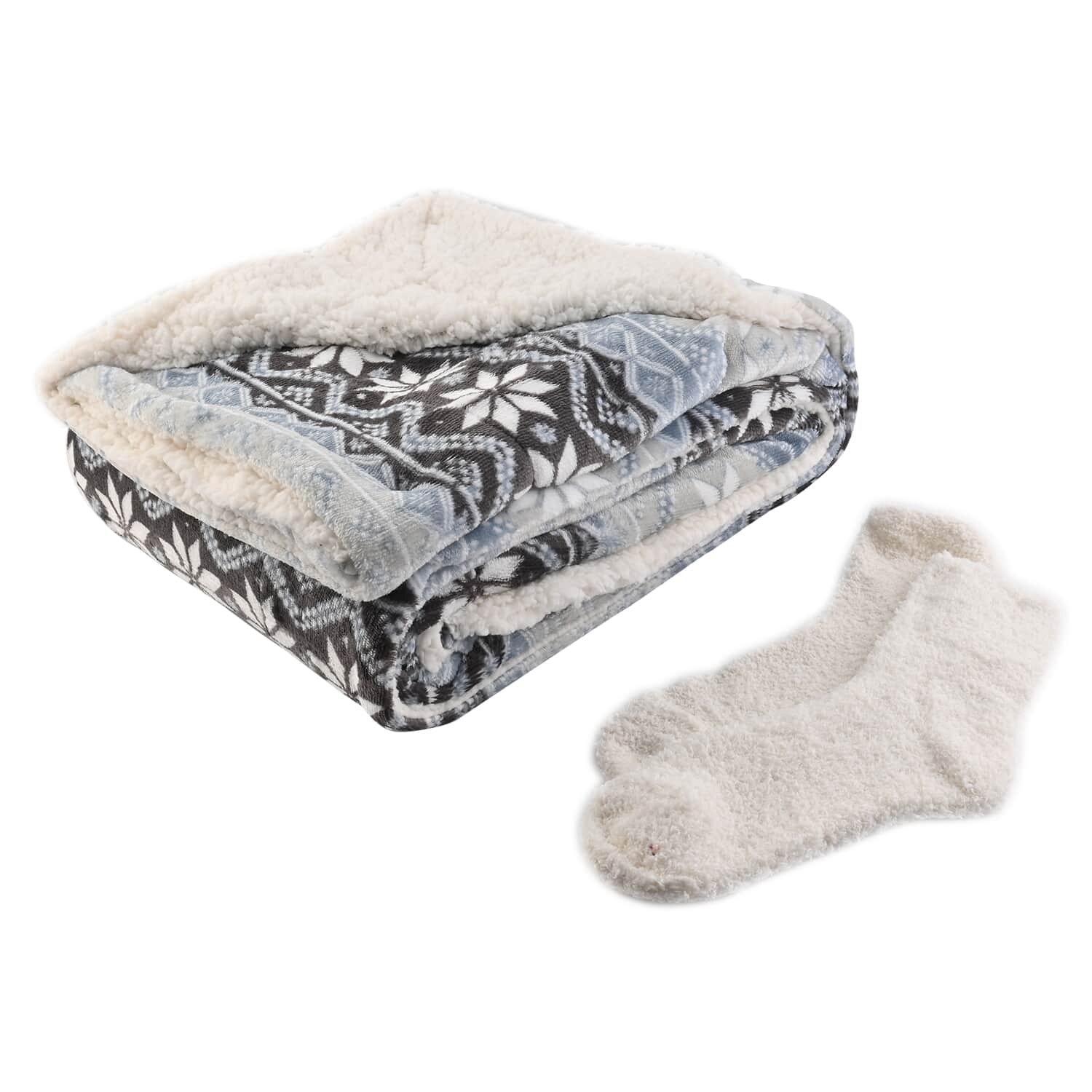 ARDOUR 2pc Gift Set Gray Floral Sherpa Throw with Bonus Socks Set One Size Fits Most