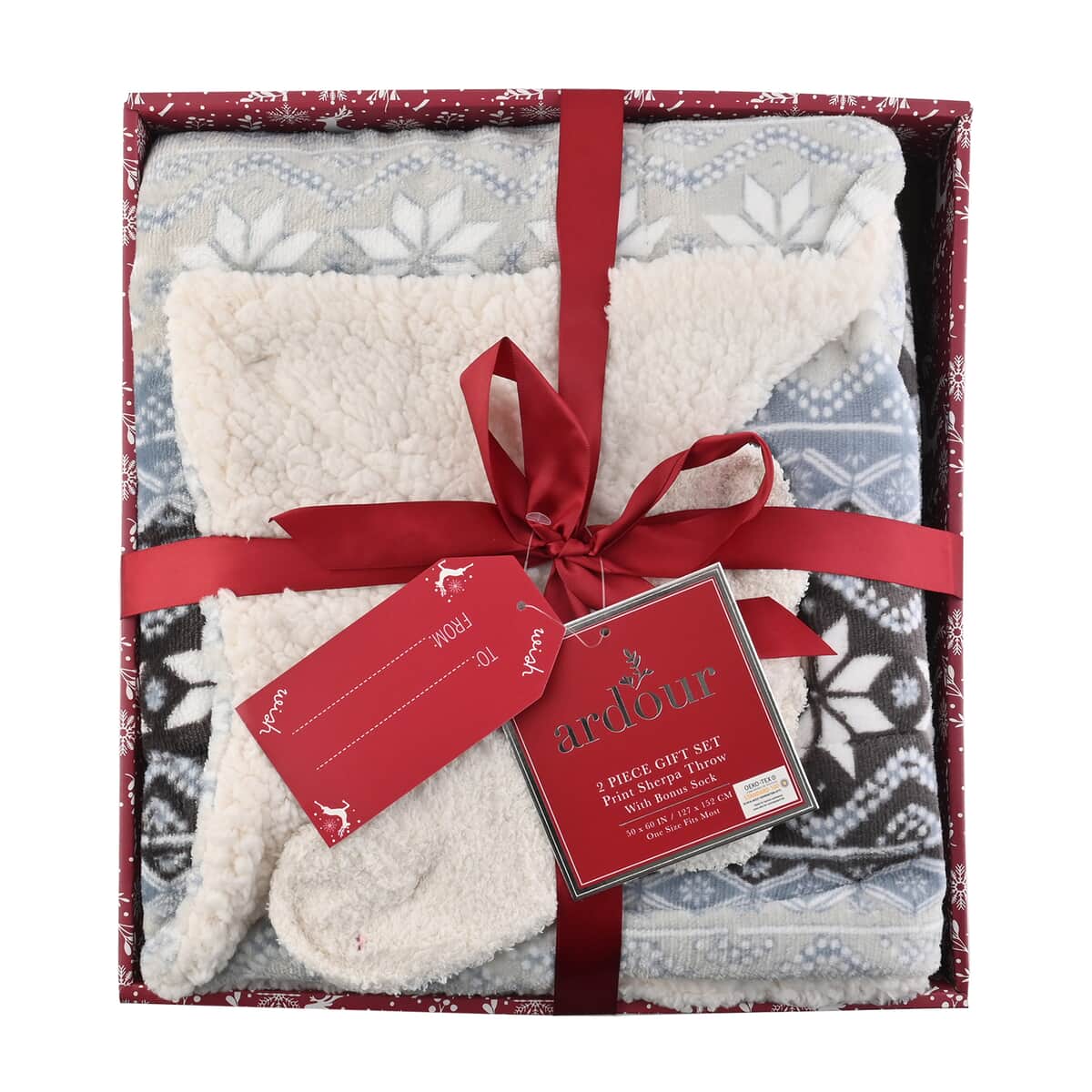 ARDOUR 2pc Gift Set Gray Floral Sherpa Throw with Bonus Socks Set (One Size Fits Most) image number 2