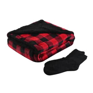 ARDOUR 2pc Gift Set Red Checker Sherpa Throw with Bonus Socks Set  (One Size Fits Most)