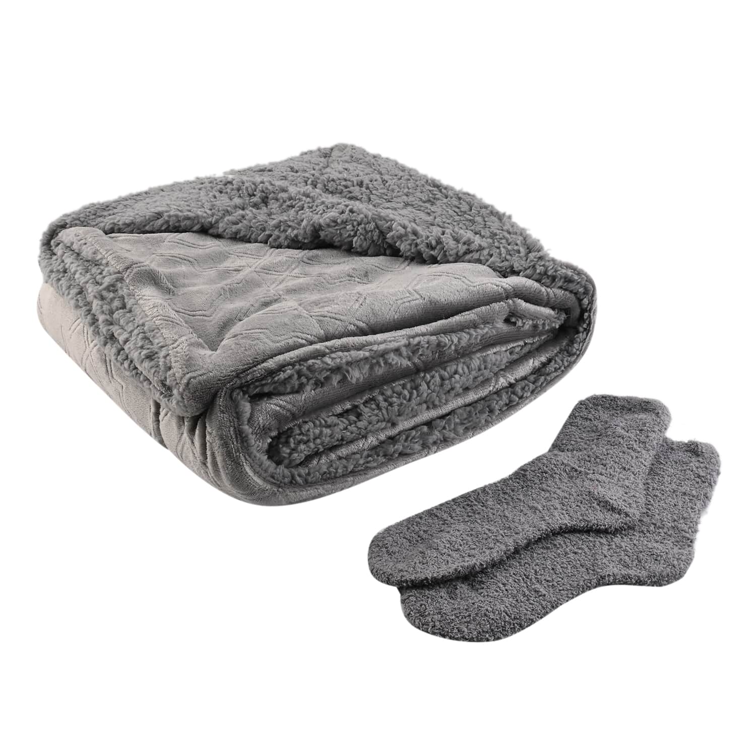 ARDOUR 2pc Gift Set Gray Sherpa Throw with Bonus Socks Set One Size Fits Most