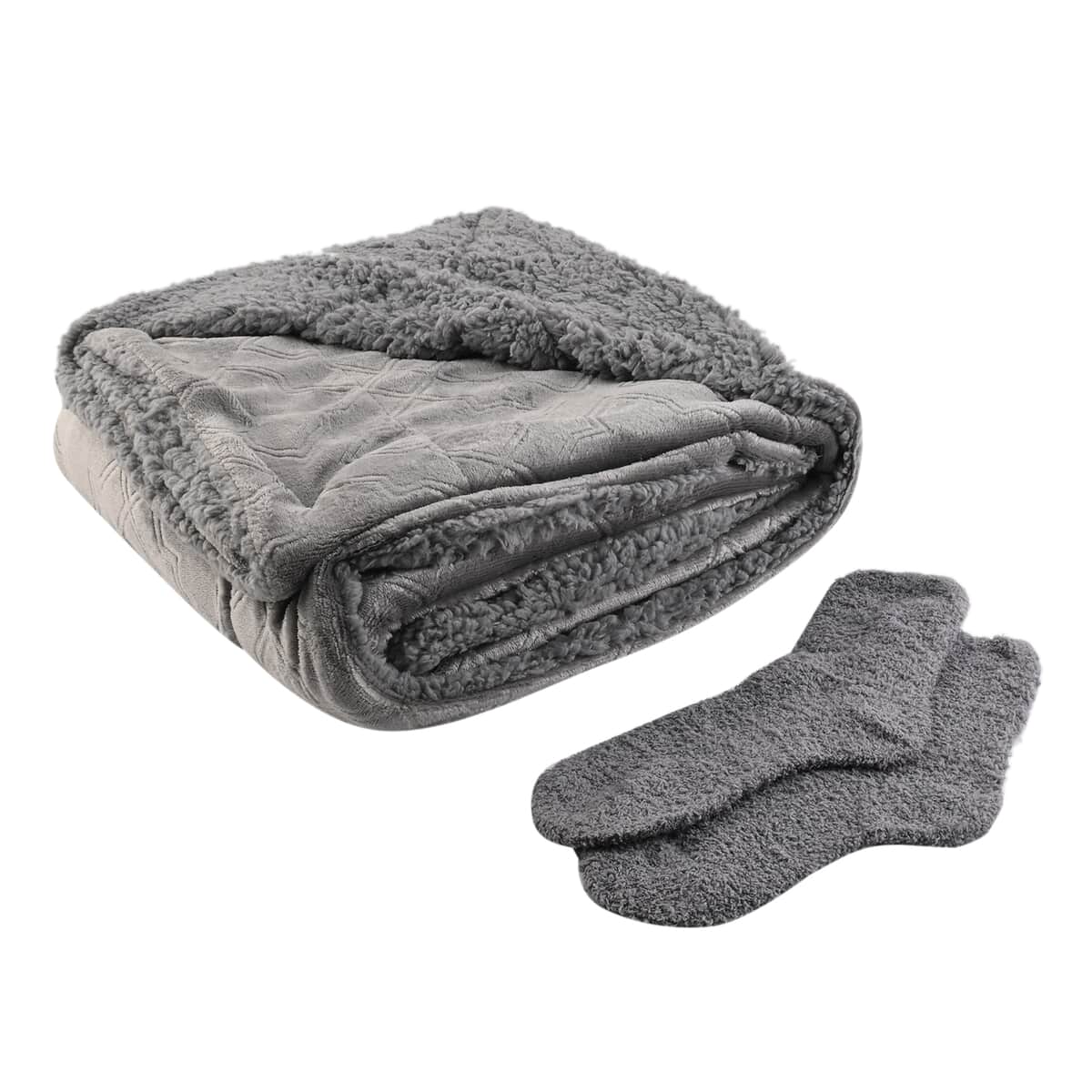 ARDOUR 2pc Gift Set Gray Sherpa Throw with Bonus Socks Set (One Size Fits Most) image number 0