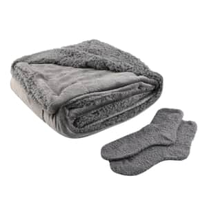 ARDOUR 2pc Gift Set Gray Sherpa Throw with Bonus Socks Set (One Size Fits Most)