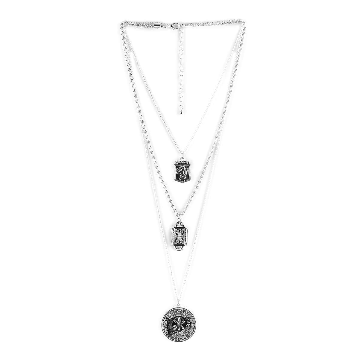 Multi-Layer Lion Shield and Lucky Coin Charms Necklace 18 Inches in Silvertone image number 1