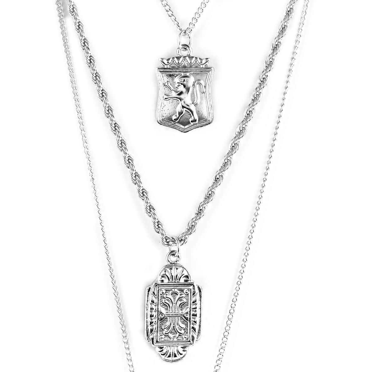 Multi-Layer Lion Shield and Lucky Coin Charms Necklace 18 Inches in Silvertone image number 2