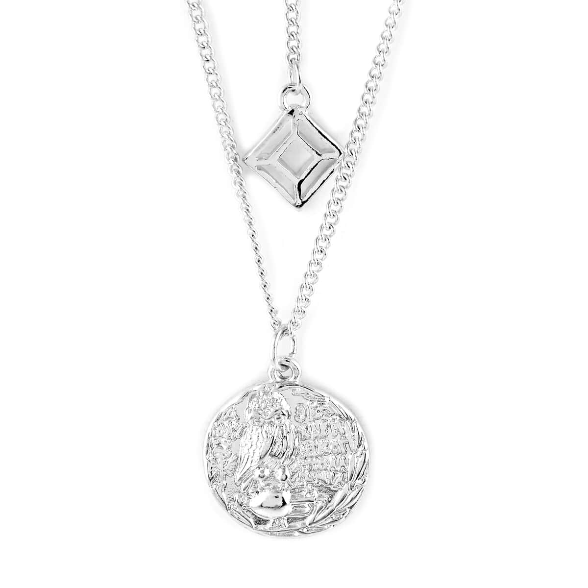 Multi-Layer Egyptian, Geometric, and Lucky Owl Coin Charms Necklace 18 Inches in Silvertone image number 1