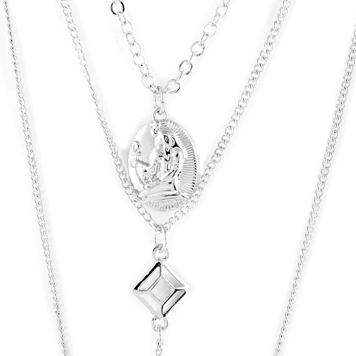 Multi-Layer Egyptian, Geometric, and Lucky Owl Coin Charms Necklace 18 Inches in Silvertone image number 2
