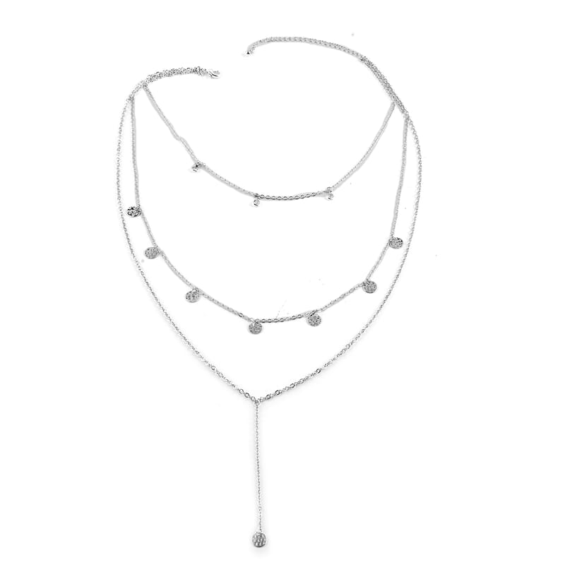Multi-Layer Hammered Lucky Coin Charms Lariat Necklace 18 Inches in Silvertone