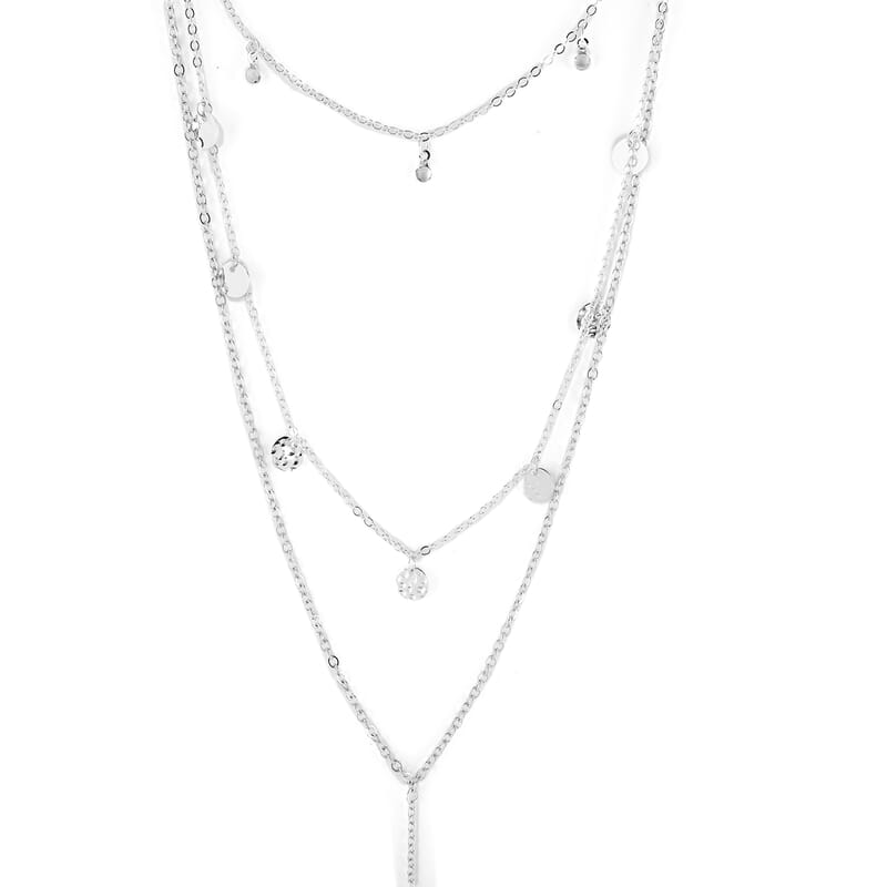 Multi-Layer Hammered Lucky Coin Charms Lariat Necklace 18 Inches in Silvertone