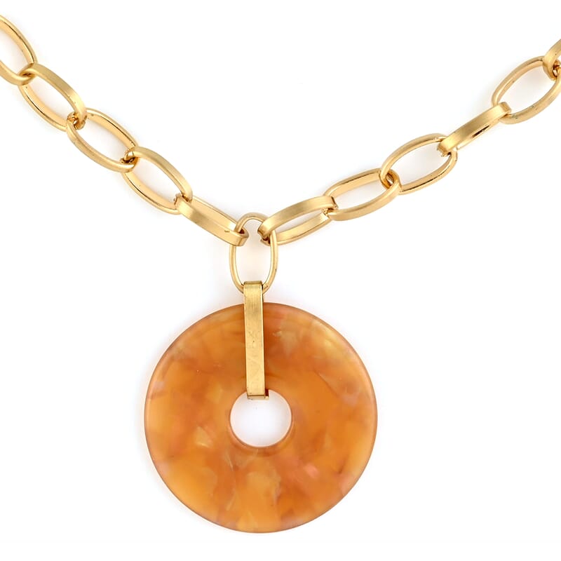 Andante Cable Chain Donut Pendant Necklace with Gold Acrylic Circle (20 Inches) in Goldtone