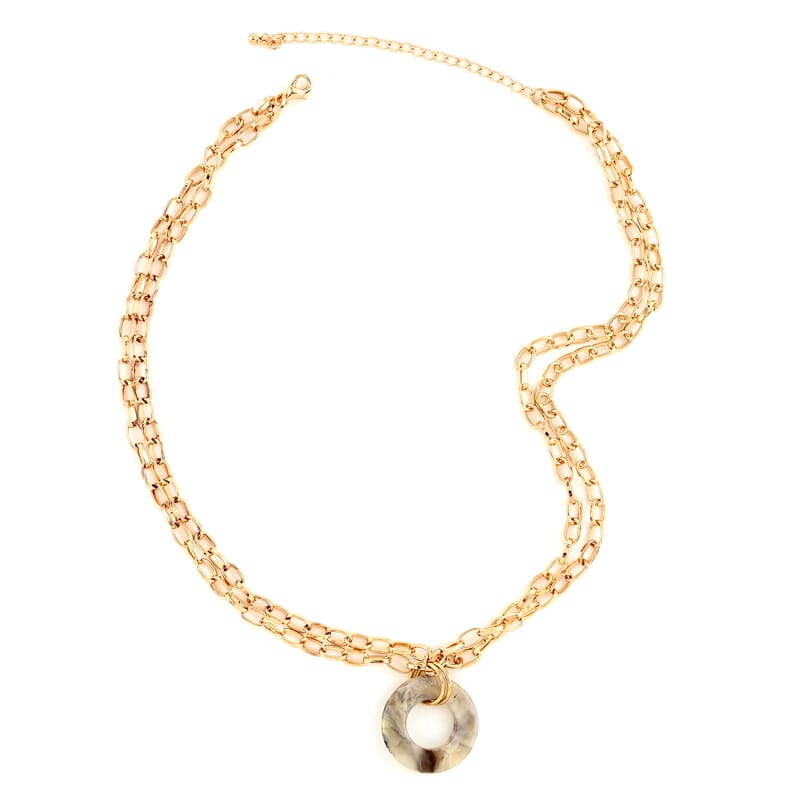 Andante Cable Chain Necklace with Acrylic Beige Circle 18 Inches in Goldtone