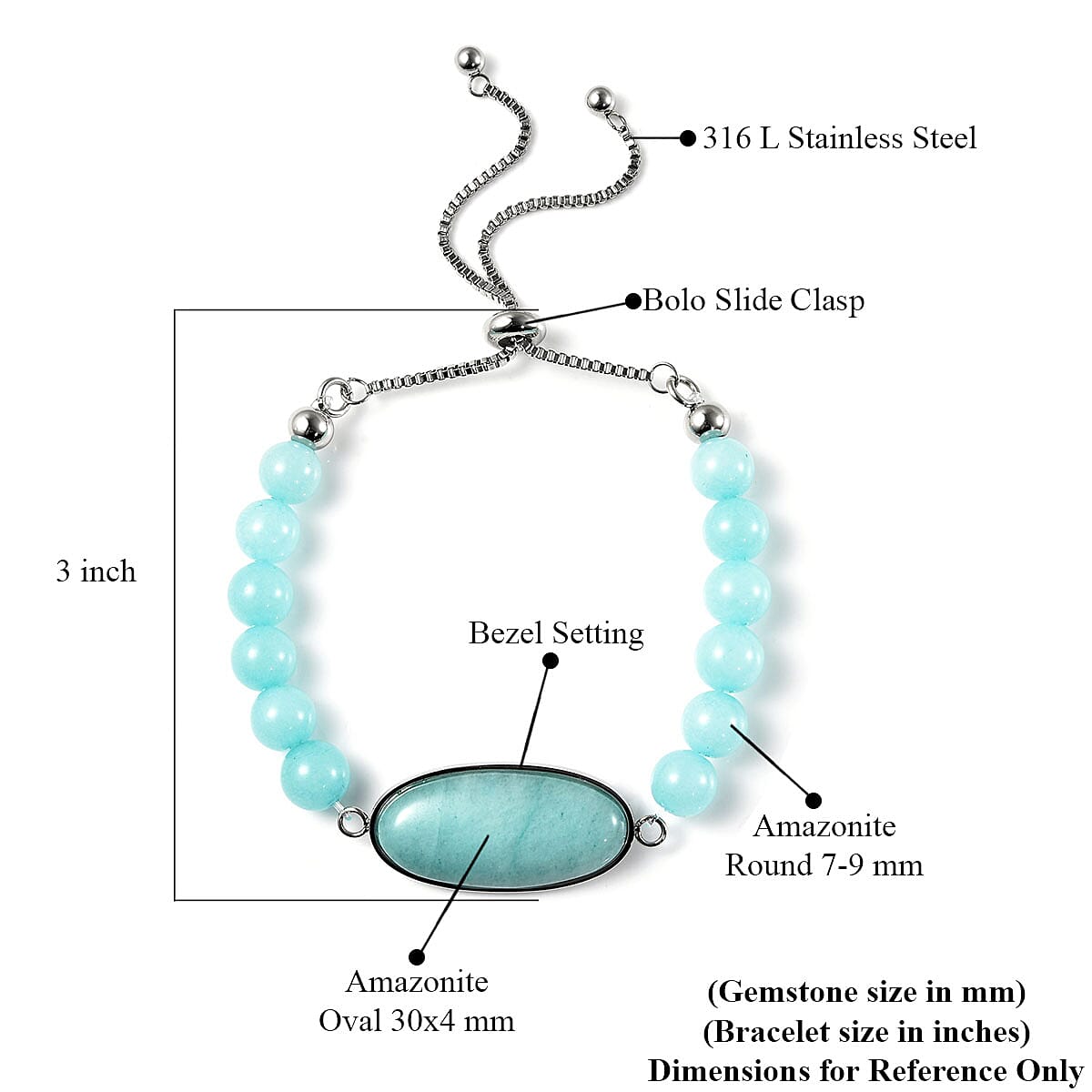 Amazonite Bolo Bracelet in Stainless Steel 59.50 ctw
