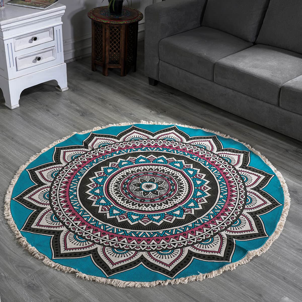 HOMESMART Blue and Pink Screen Printed Cotton, Handloom Woven Round Rug with Lace image number 0