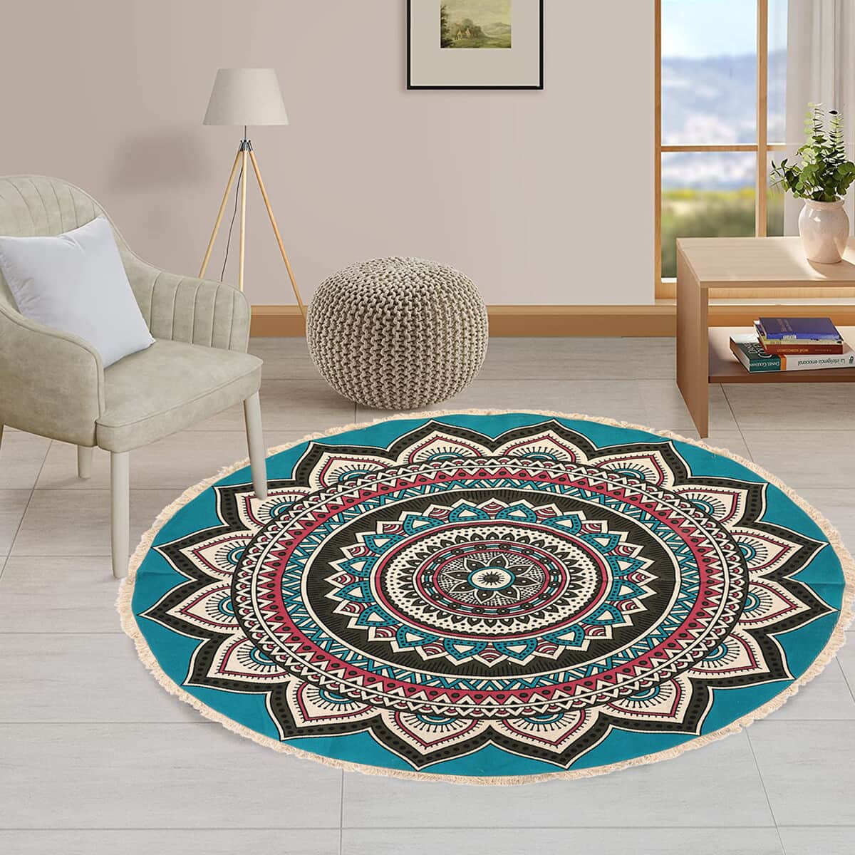 HOMESMART Blue and Pink Screen Printed Cotton, Handloom Woven Round Rug with Lace image number 1