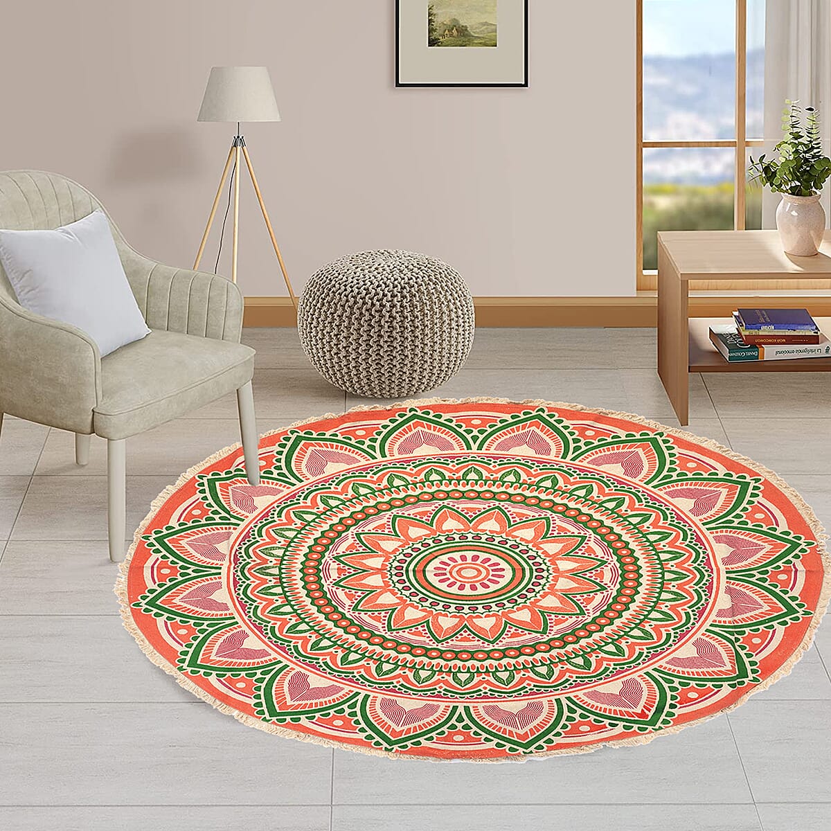Homesmart Coral with Multi Color Screen Printed Cotton, Handloom Woven Round Rug with Lace (Diameter: 60 In) image number 1