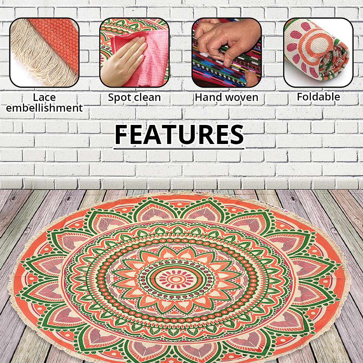 Homesmart Coral with Multi Color Screen Printed Cotton, Handloom Woven Round Rug with Lace (Diameter: 60 In) image number 2