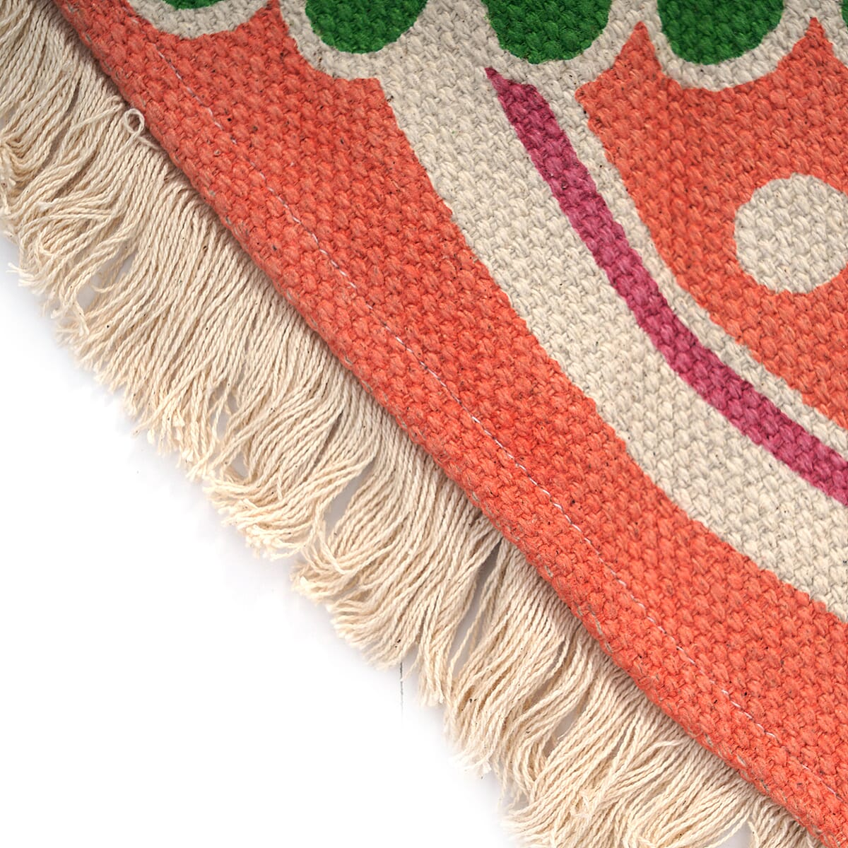 Homesmart Coral with Multi Color Screen Printed Cotton, Handloom Woven Round Rug with Lace (Diameter: 60 In) image number 6