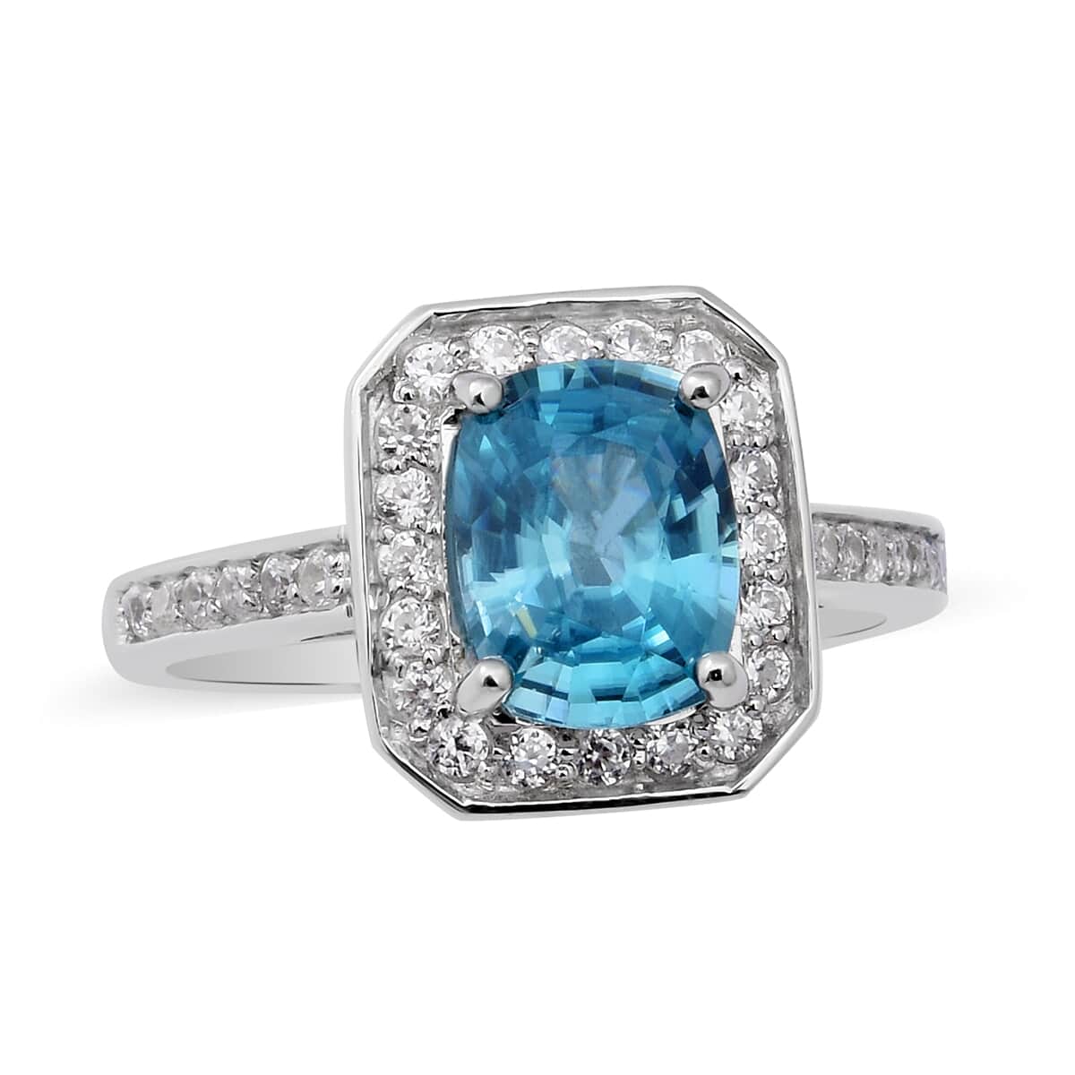 Cambodian Blue Zircon and Natural White Zircon Halo Ring in Sterling Silver (Size 8.0) 3.50 ctw image number 0