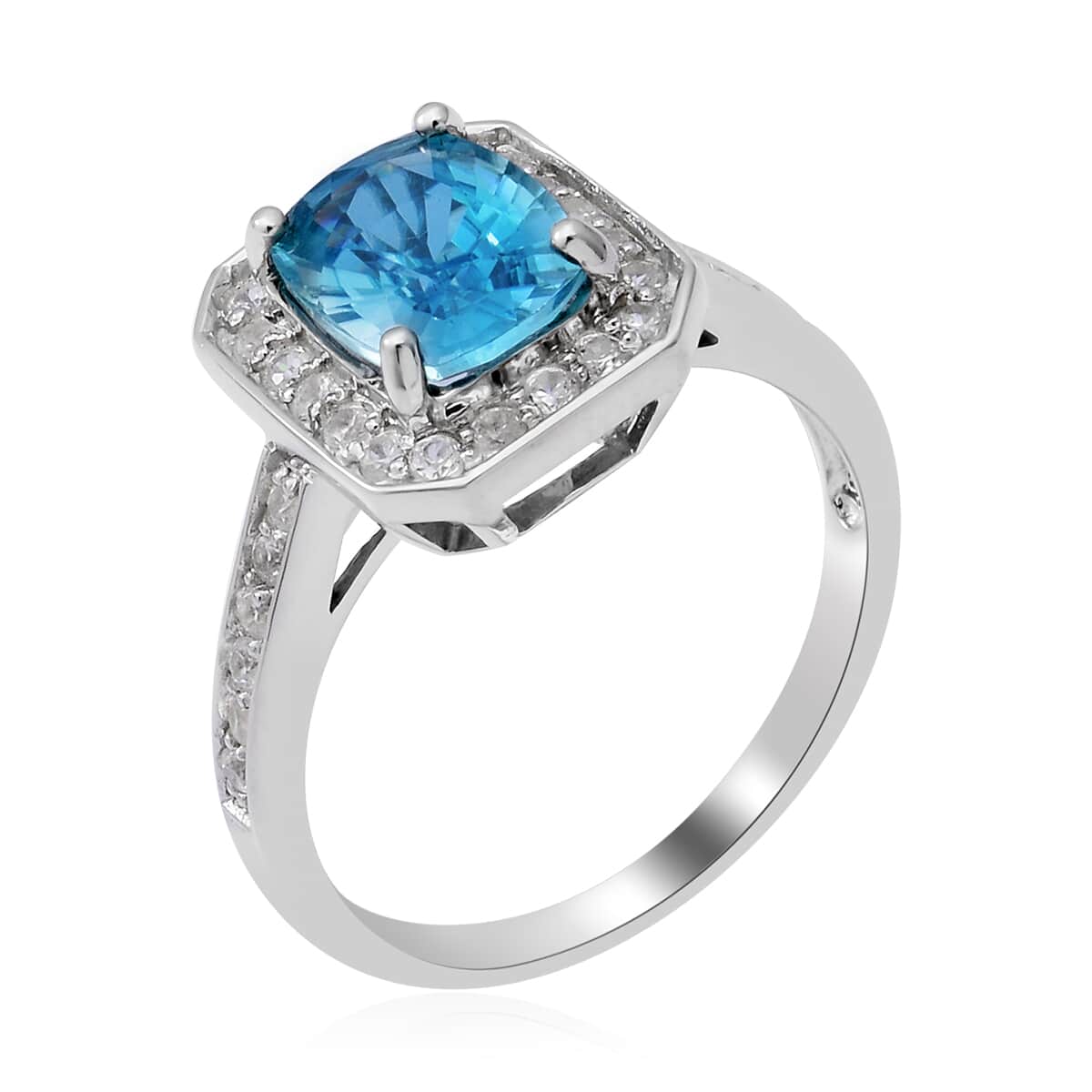 Cambodian Blue Zircon and Natural White Zircon Halo Ring in Sterling Silver (Size 8.0) 3.50 ctw image number 2