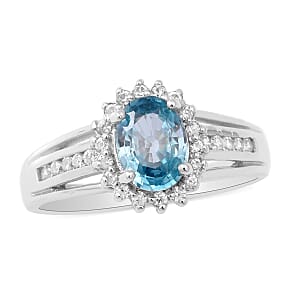 Cambodian Blue Zircon and Natural White Zircon Cocktail Ring in Platinum Over Sterling Silver (Size 7.0) 2.40 ctw