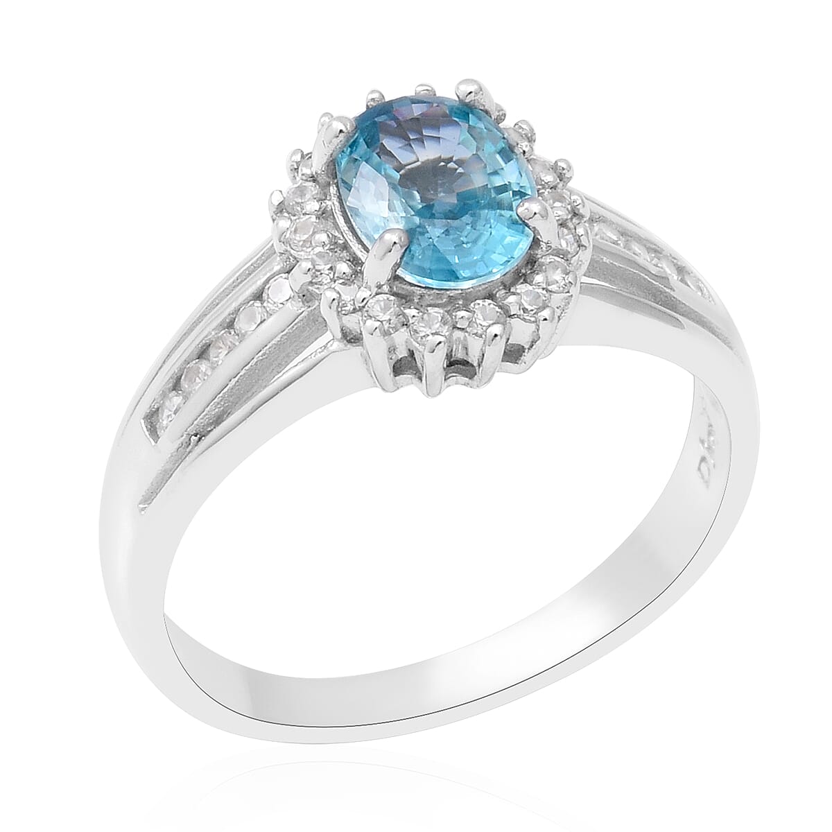 Cambodian Blue Zircon and Natural White Zircon Cocktail Ring in Platinum Over Sterling Silver (Size 7.0) 2.40 ctw image number 2