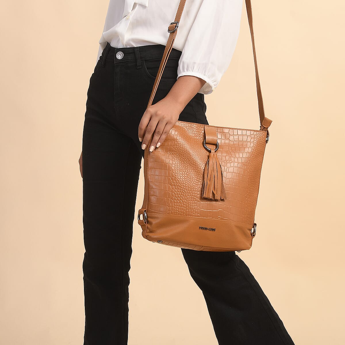 Union Code Tan Croco Embossed Genuine Leather Tassels Hobo Bag with Adjustable Shoulder Strap image number 1