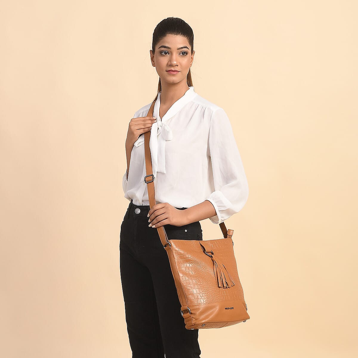 Union Code Tan Croco Embossed Genuine Leather Tassels Hobo Bag with Adjustable Shoulder Strap image number 2