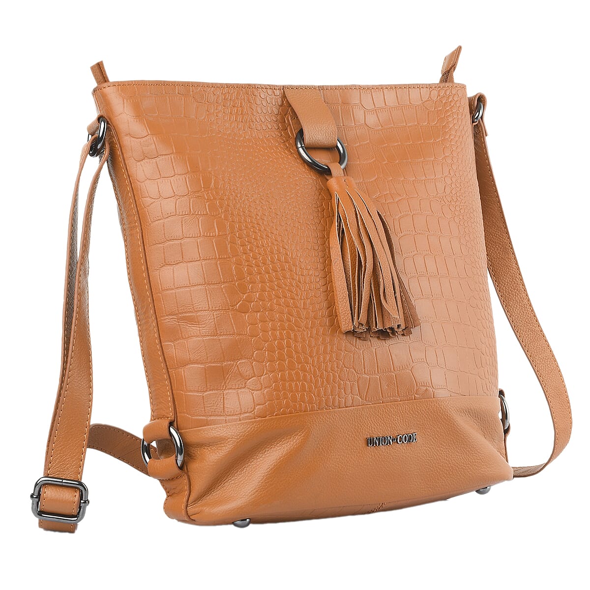 Union Code Tan Croco Embossed Genuine Leather Tassels Hobo Bag with Adjustable Shoulder Strap image number 3
