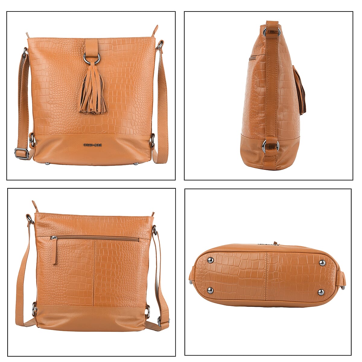 Union Code Tan Croco Embossed Genuine Leather Tassels Hobo Bag with Adjustable Shoulder Strap image number 5