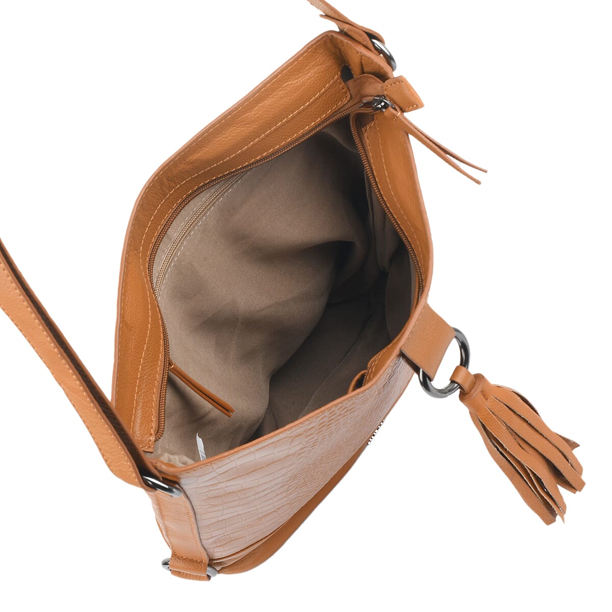 Union Code Tan Croco Embossed Genuine Leather Tassels Hobo Bag with Adjustable Shoulder Strap image number 6