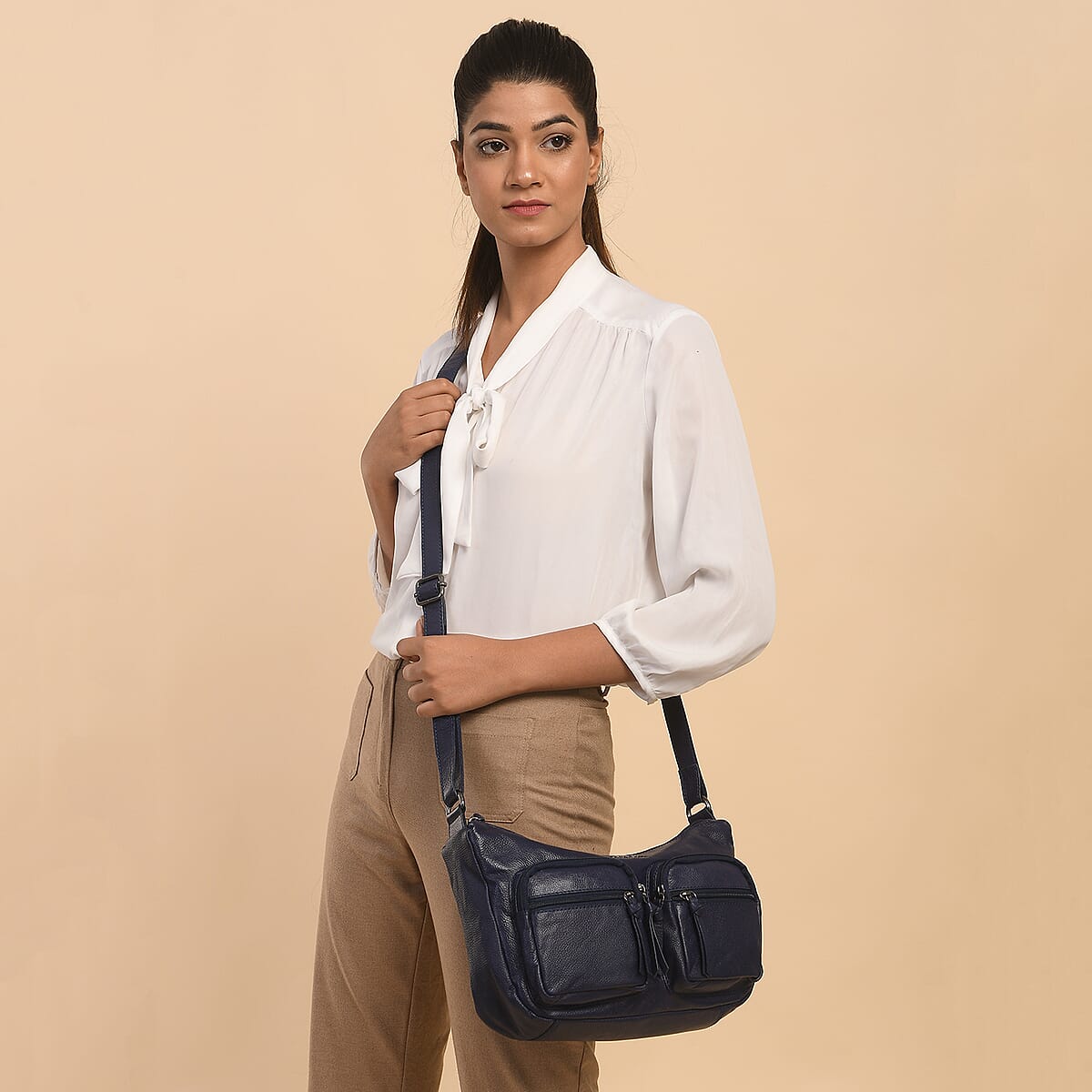 Black 100% Genuine Leather Crossbody Sling Bag (13.5"x7"x3") image number 2