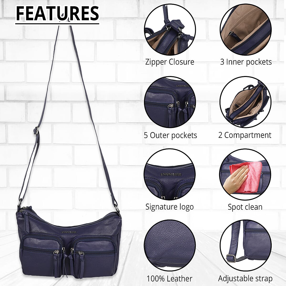 Black 100% Genuine Leather Crossbody Sling Bag (13.5"x7"x3") image number 3