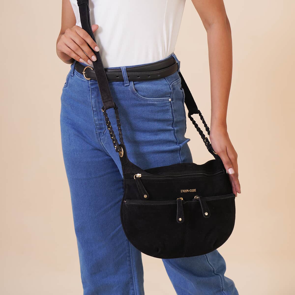 Black 100% Genuine Leather Crossbody Sling Bag (13"x10"x1.5") image number 2