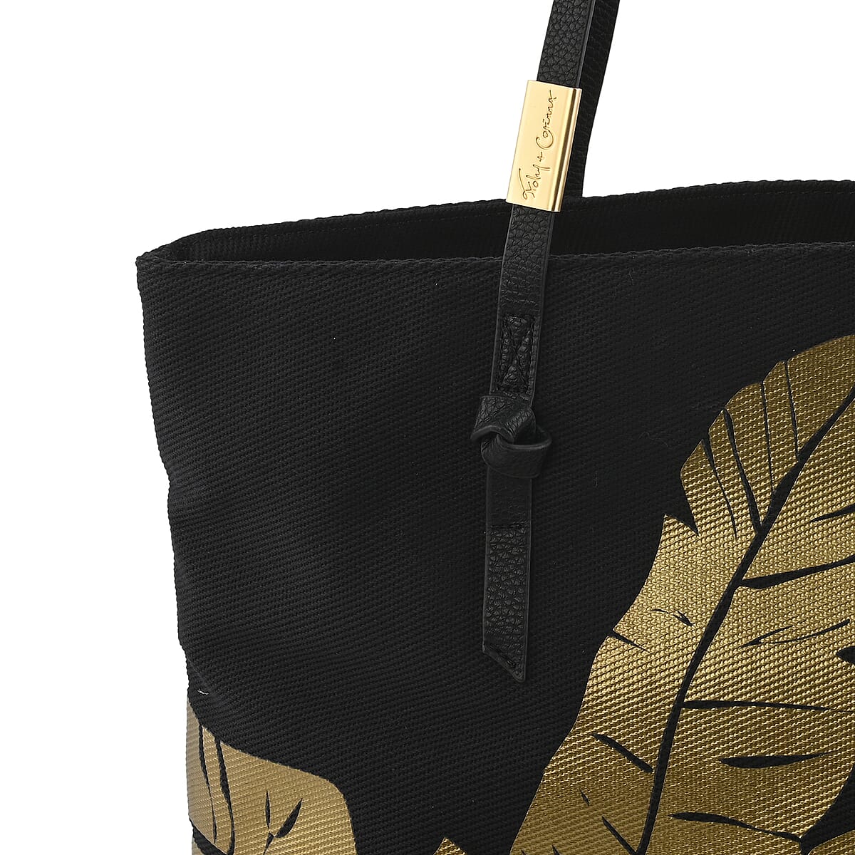 Foley & Corinna Black Vegan Leather Palm Canvas Tote Bag image number 3
