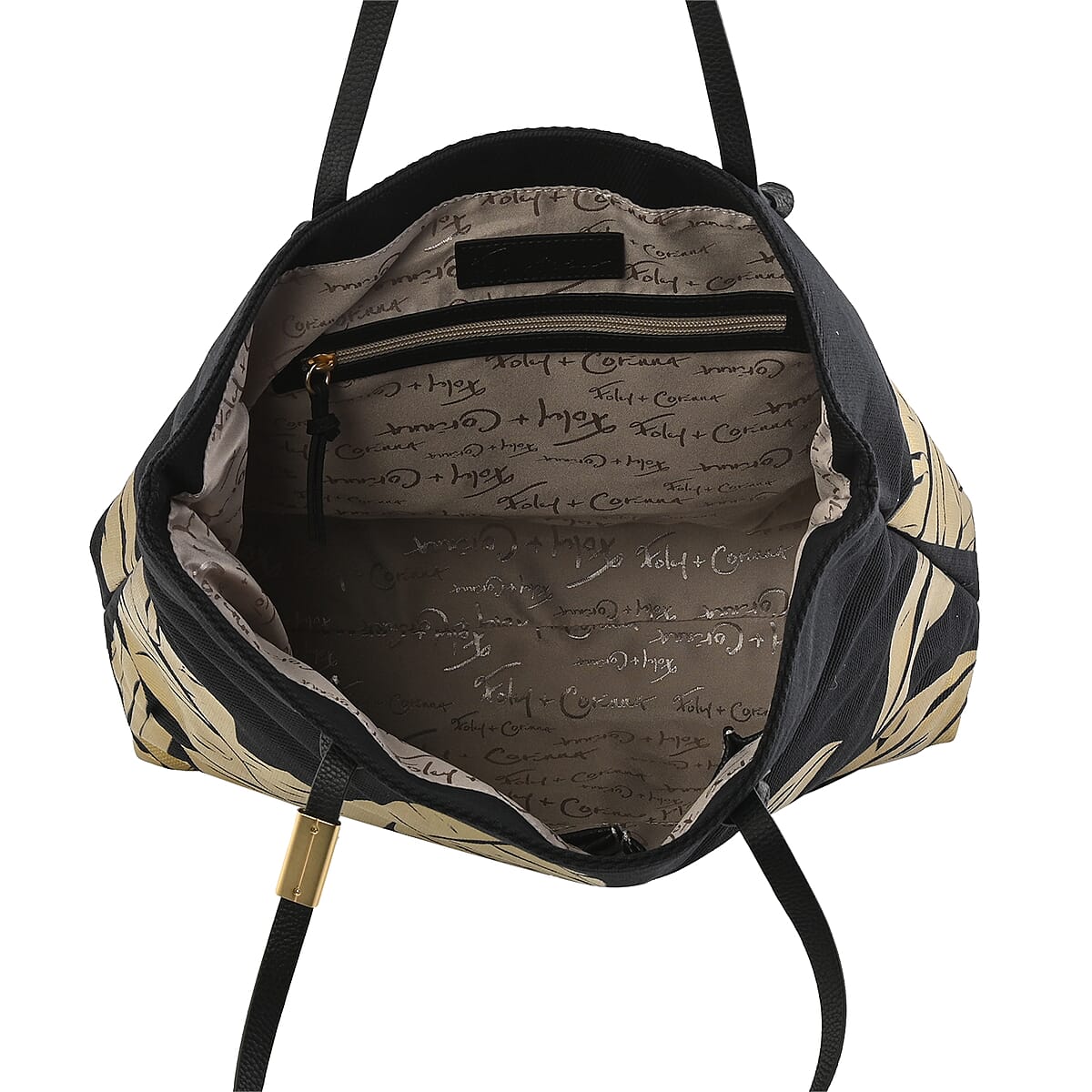 Foley & Corinna Black Vegan Leather Palm Canvas Tote Bag image number 5