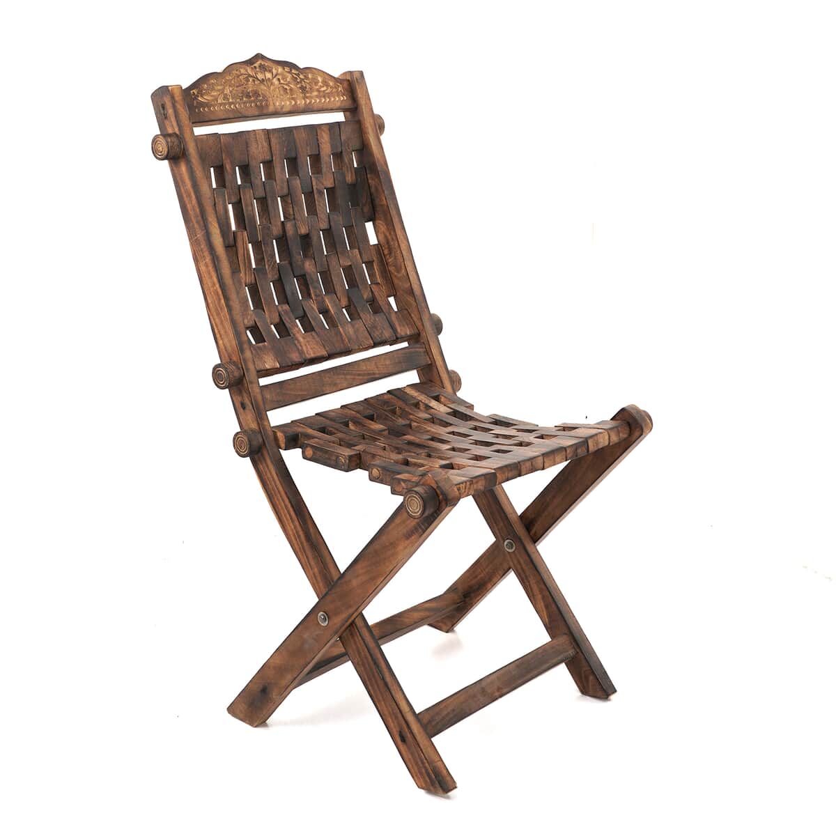 NAKKASHI Natural Brown Hand Carved Mango Wood Foldable Hand Crafted Chair image number 0