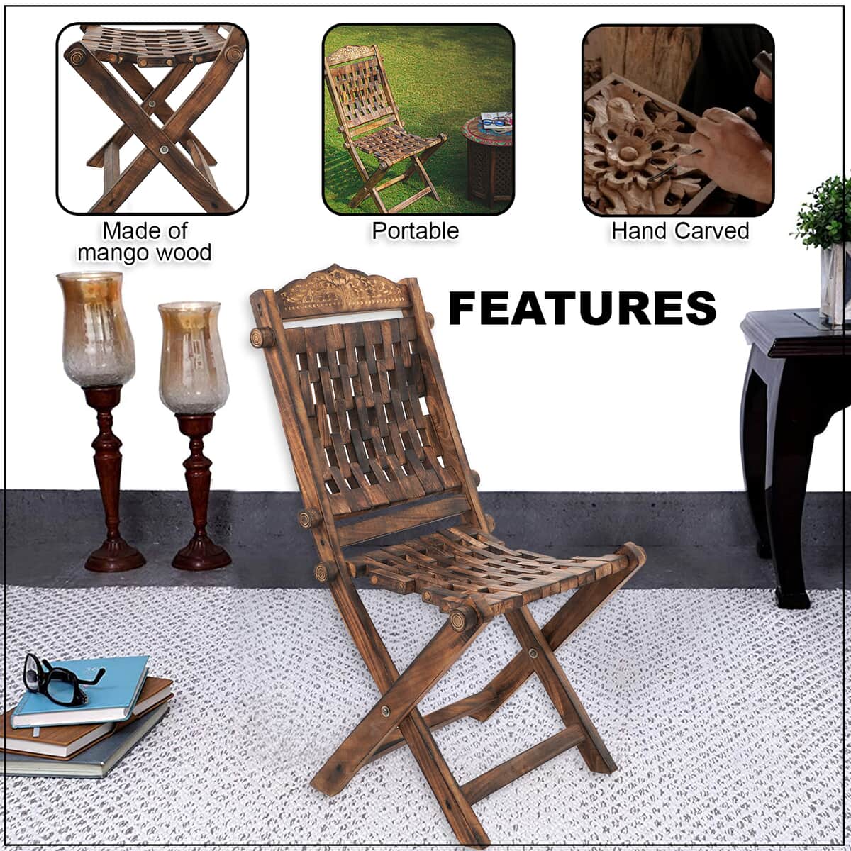 NAKKASHI Natural Brown Hand Carved Mango Wood Foldable Hand Crafted Chair image number 2