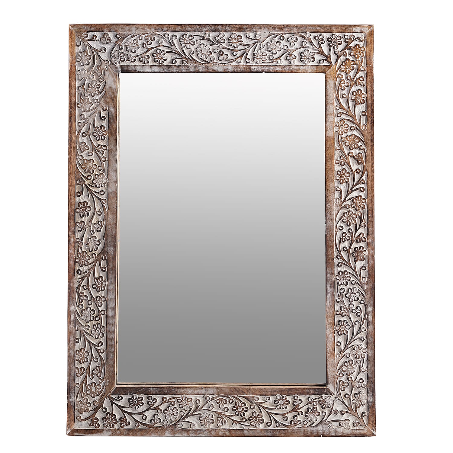 NAKKASHI Antique White Wooden Hand Carved Wall Mirror