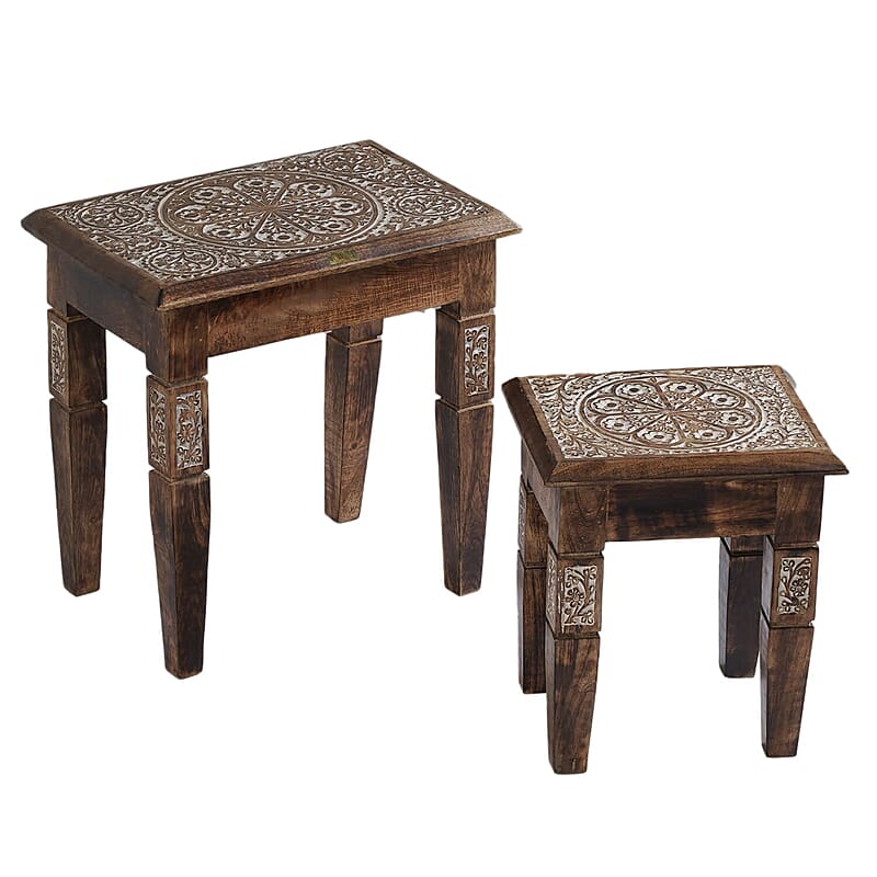 NAKKASHI Set of 2 Wooden Hand Carved Nested Tables (Knock Down)