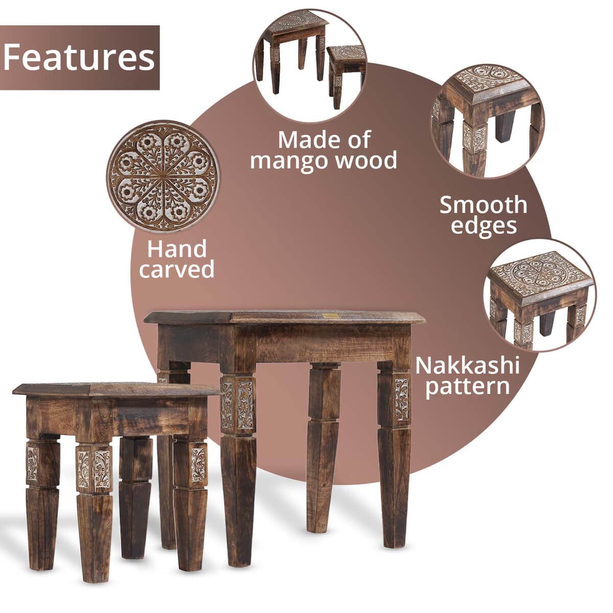 NAKKASHI Set of 2 Wooden Hand Carved Nested Tables (Knock Down) image number 2
