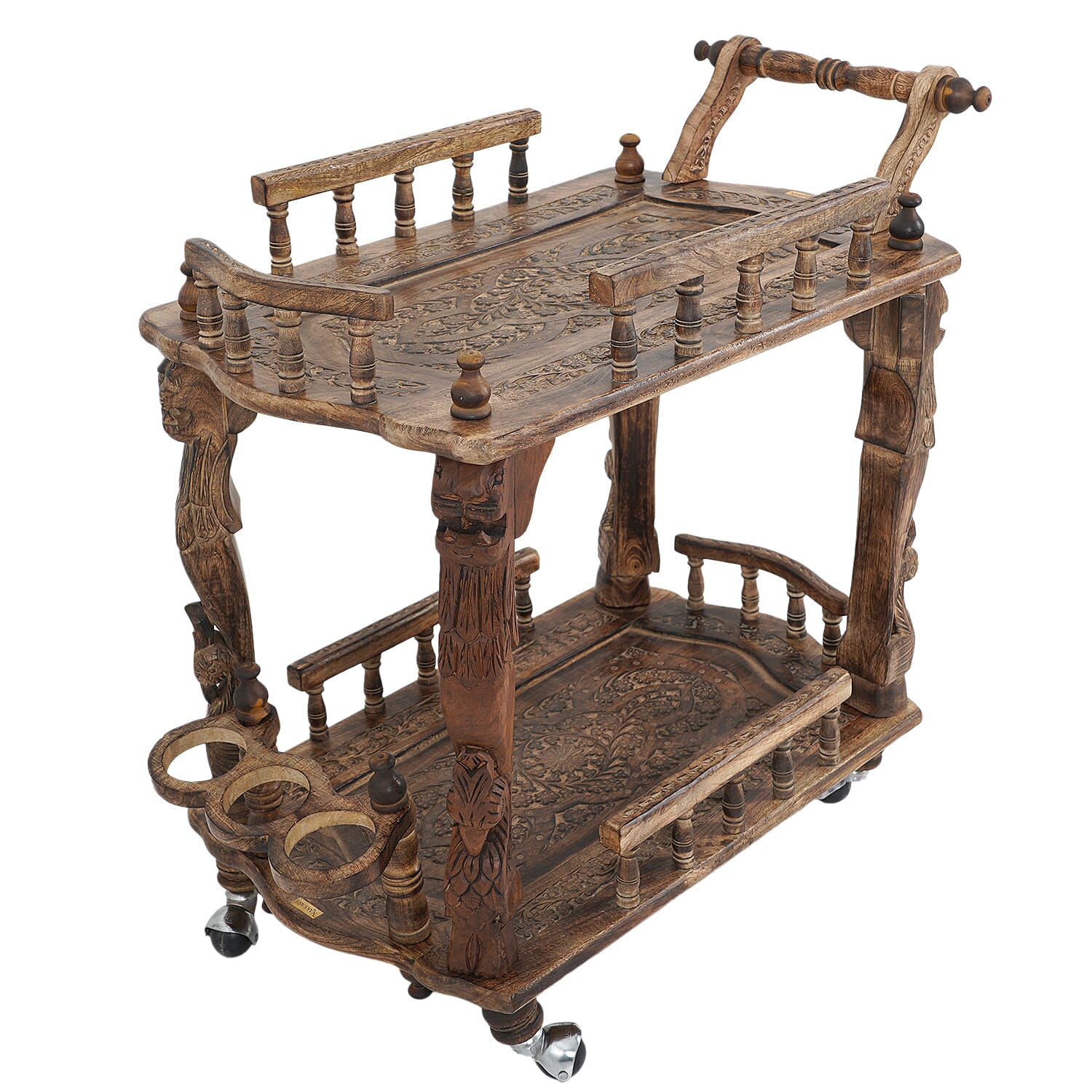 NAKKASHI Antique Burn Finish Color Hand Carved Wooden Movable Bar Cart