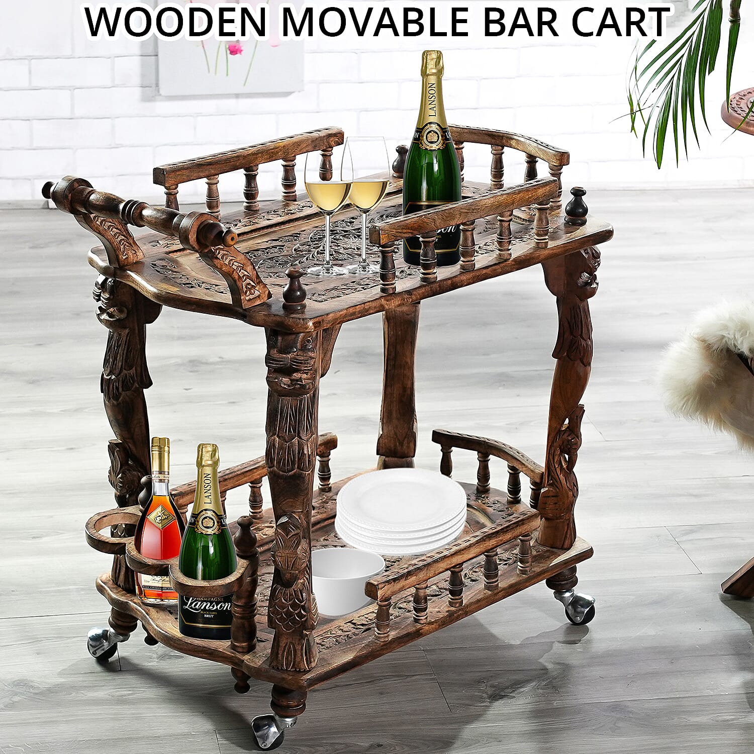 NAKKASHI Antique Burn Finish Color Hand Carved Wooden Movable Bar Cart