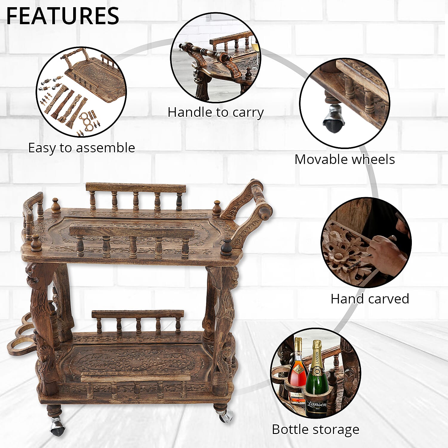 NAKKASHI Antique Burn Finish Color Hand Carved Wooden Movable Bar Cart